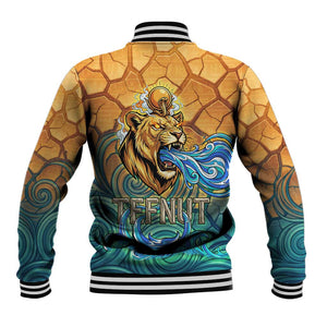 Egyptian Tefnut Fiery Eye Baseball Jacket with Roaring Lion in Desert and Water Element