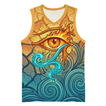 Egyptian Tefnut Fiery Eye Basketball Jersey with Roaring Lion in Desert and Water Element
