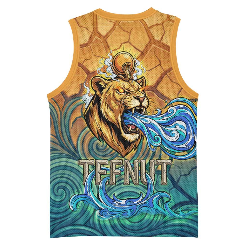 Egyptian Tefnut Fiery Eye Basketball Jersey with Roaring Lion in Desert and Water Element