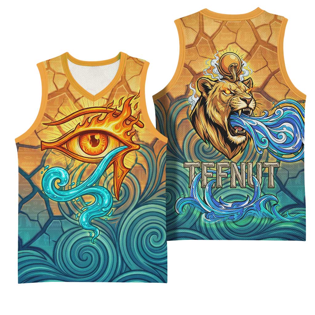 Egyptian Tefnut Fiery Eye Basketball Jersey with Roaring Lion in Desert and Water Element