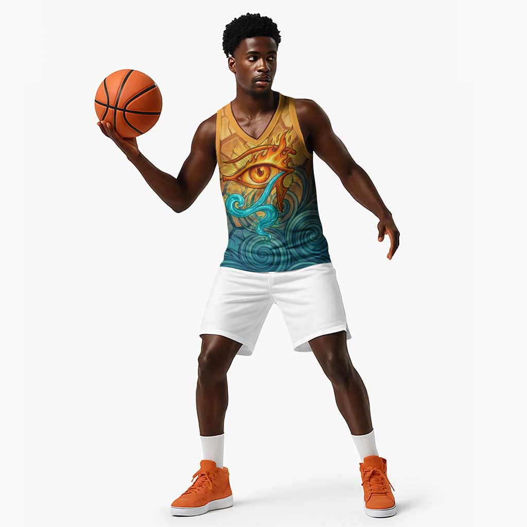 Egyptian Tefnut Fiery Eye Basketball Jersey with Roaring Lion in Desert and Water Element