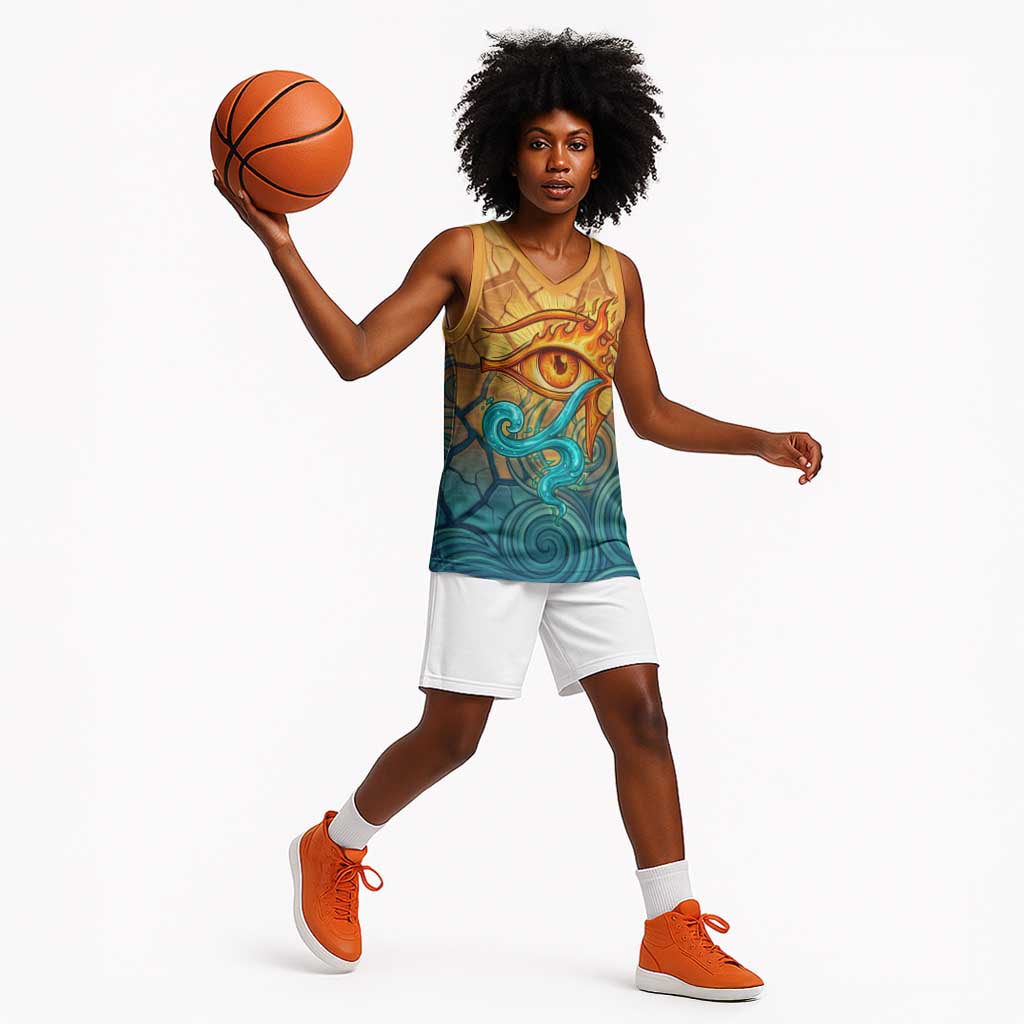 Egyptian Tefnut Fiery Eye Basketball Jersey with Roaring Lion in Desert and Water Element