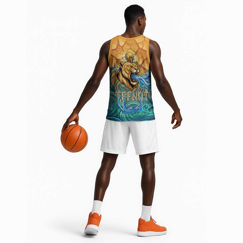 Egyptian Tefnut Fiery Eye Basketball Jersey with Roaring Lion in Desert and Water Element