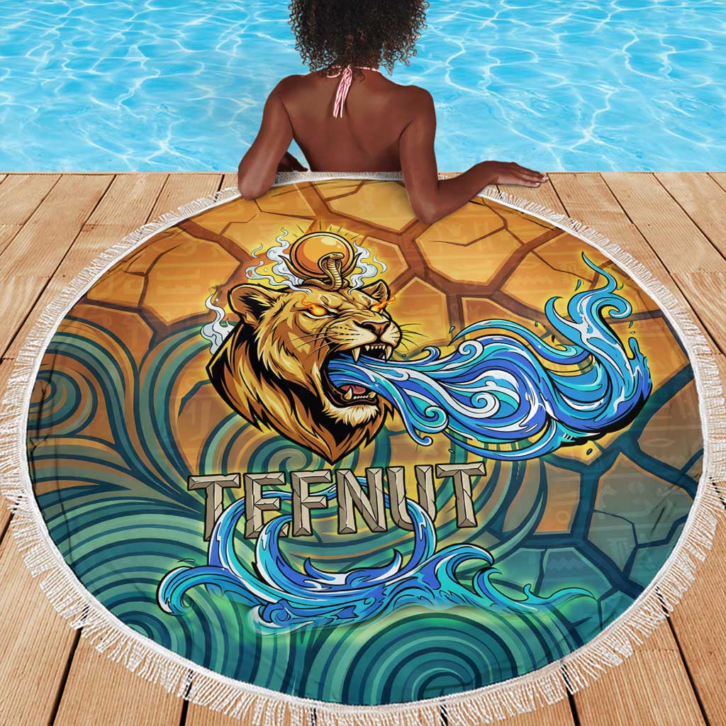 Egyptian Tefnut Fiery Eye Beach Blanket with Roaring Lion in Desert and Water Element