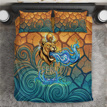 Egyptian Tefnut Fiery Eye Bedding Set with Roaring Lion in Desert and Water Element