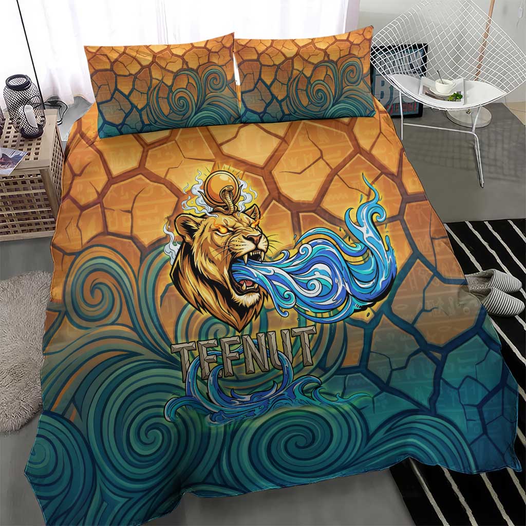 Egyptian Tefnut Fiery Eye Bedding Set with Roaring Lion in Desert and Water Element