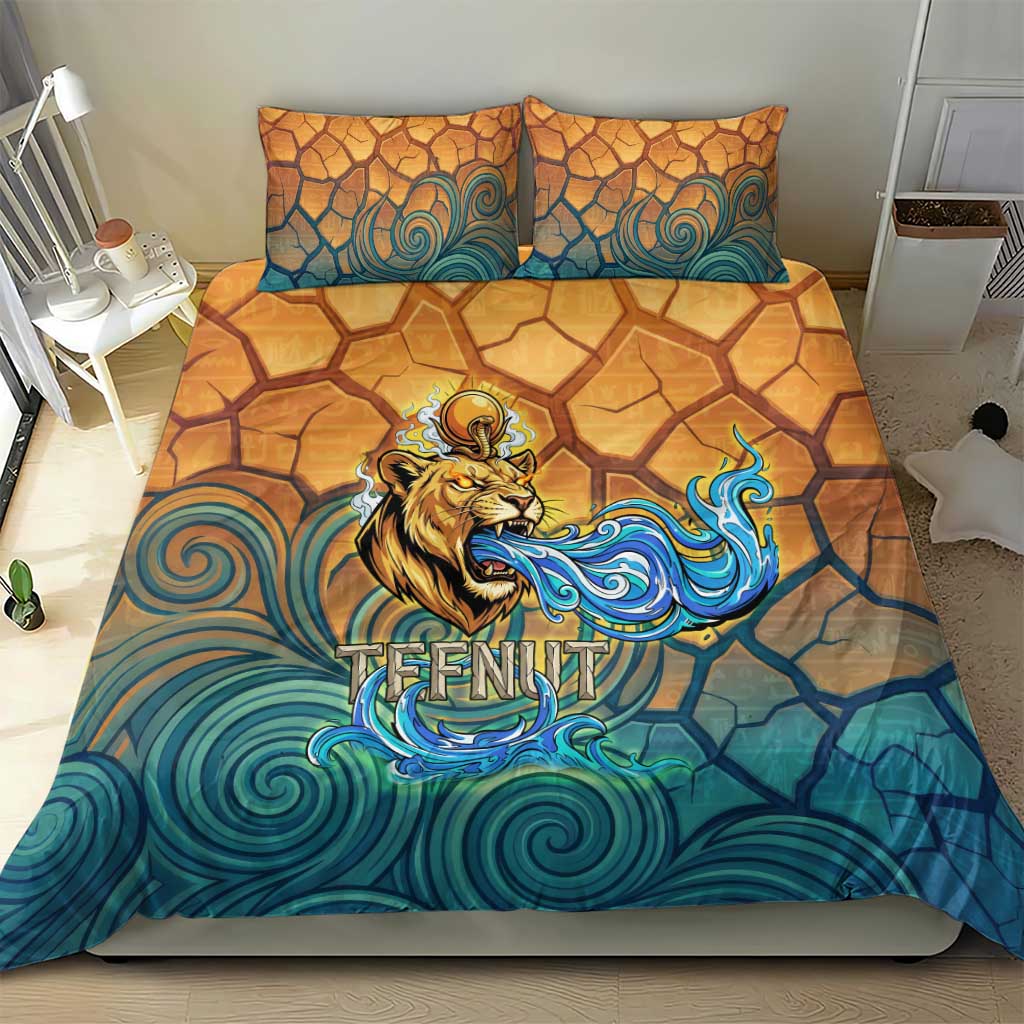 Egyptian Tefnut Fiery Eye Bedding Set with Roaring Lion in Desert and Water Element