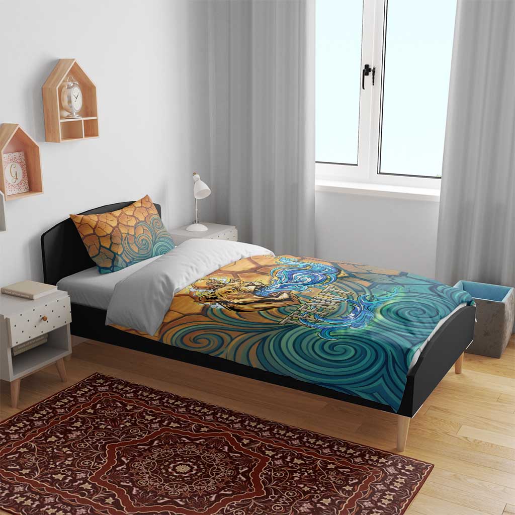 Egyptian Tefnut Fiery Eye Bedding Set with Roaring Lion in Desert and Water Element