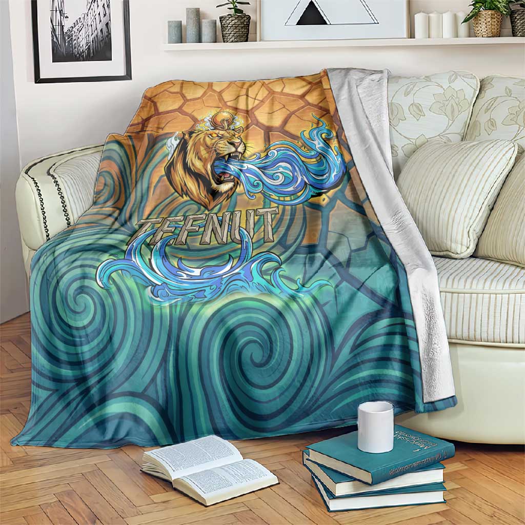 Egyptian Tefnut Fiery Eye Blanket with Roaring Lion in Desert and Water Element