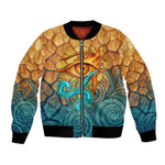Egyptian Tefnut Fiery Eye Bomber Jacket with Roaring Lion in Desert and Water Element