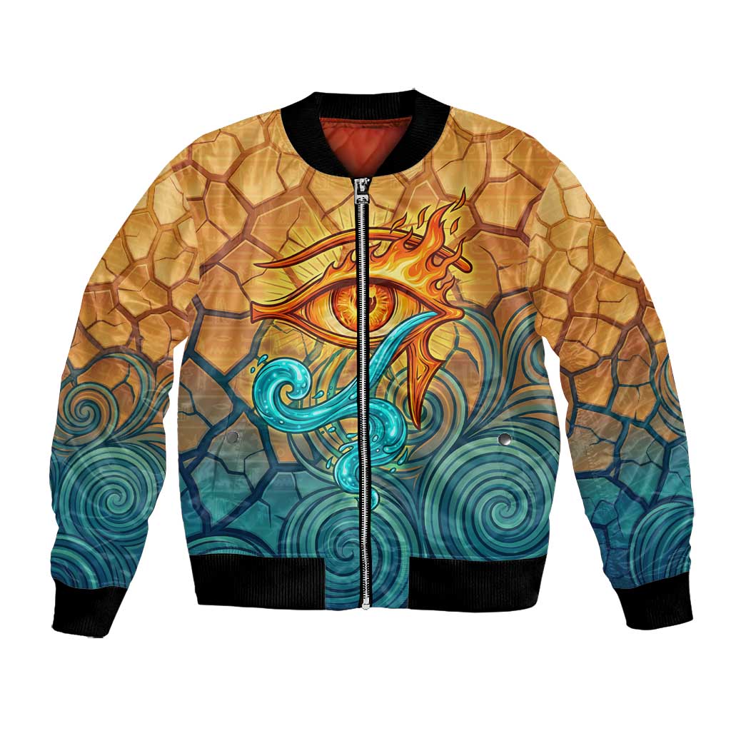 Egyptian Tefnut Fiery Eye Bomber Jacket with Roaring Lion in Desert and Water Element