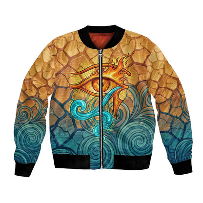 Egyptian Tefnut Fiery Eye Bomber Jacket with Roaring Lion in Desert and Water Element