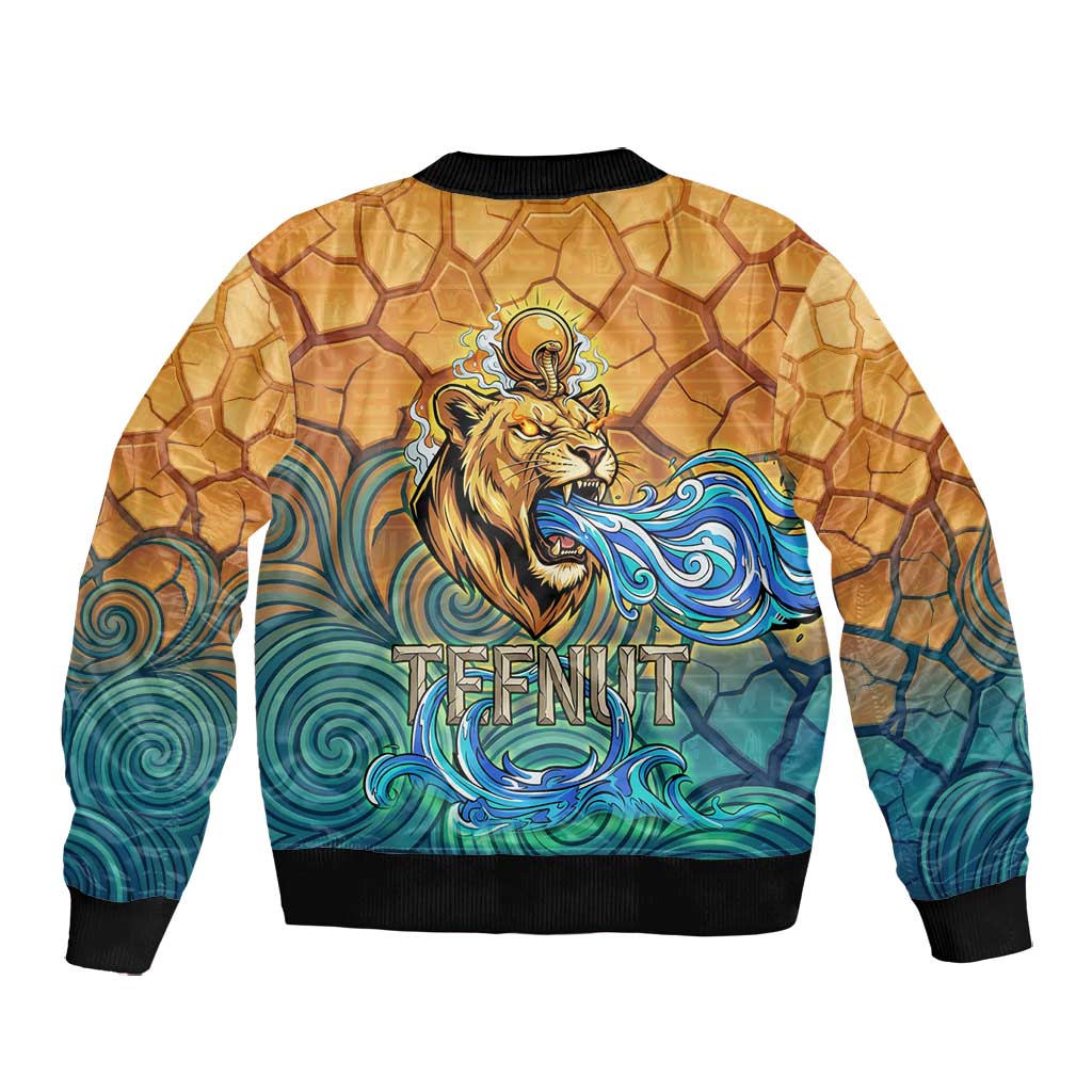 Egyptian Tefnut Fiery Eye Bomber Jacket with Roaring Lion in Desert and Water Element