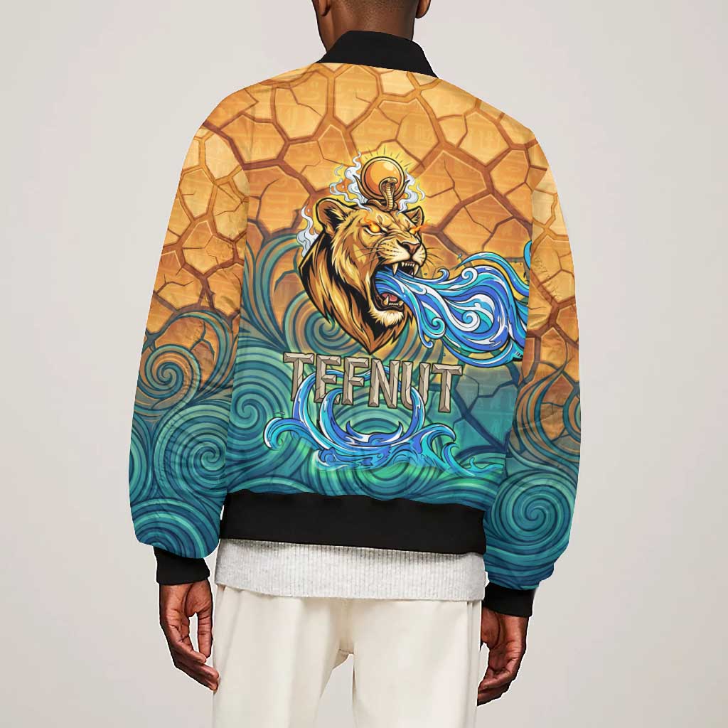 Egyptian Tefnut Fiery Eye Bomber Jacket with Roaring Lion in Desert and Water Element