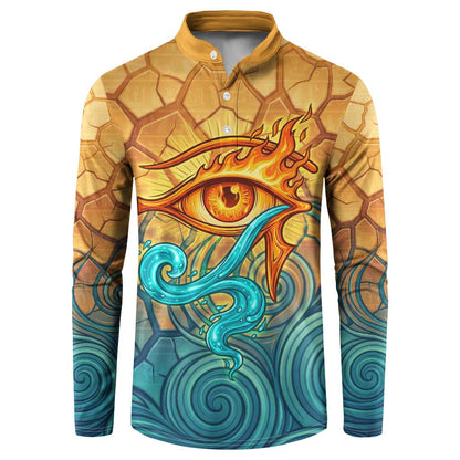 Egyptian Tefnut Fiery Eye Button Sweatshirt with Roaring Lion in Desert and Water Element