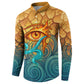 Egyptian Tefnut Fiery Eye Button Sweatshirt with Roaring Lion in Desert and Water Element