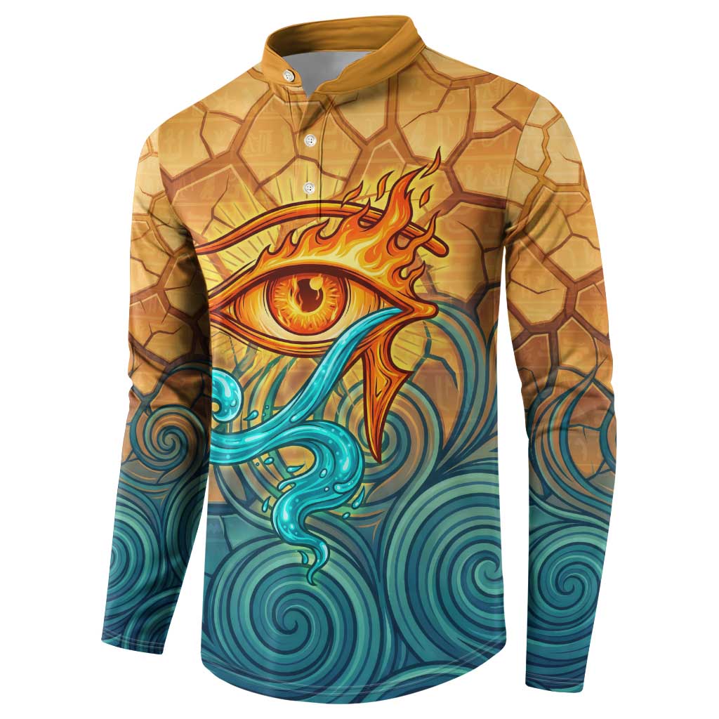 Egyptian Tefnut Fiery Eye Button Sweatshirt with Roaring Lion in Desert and Water Element