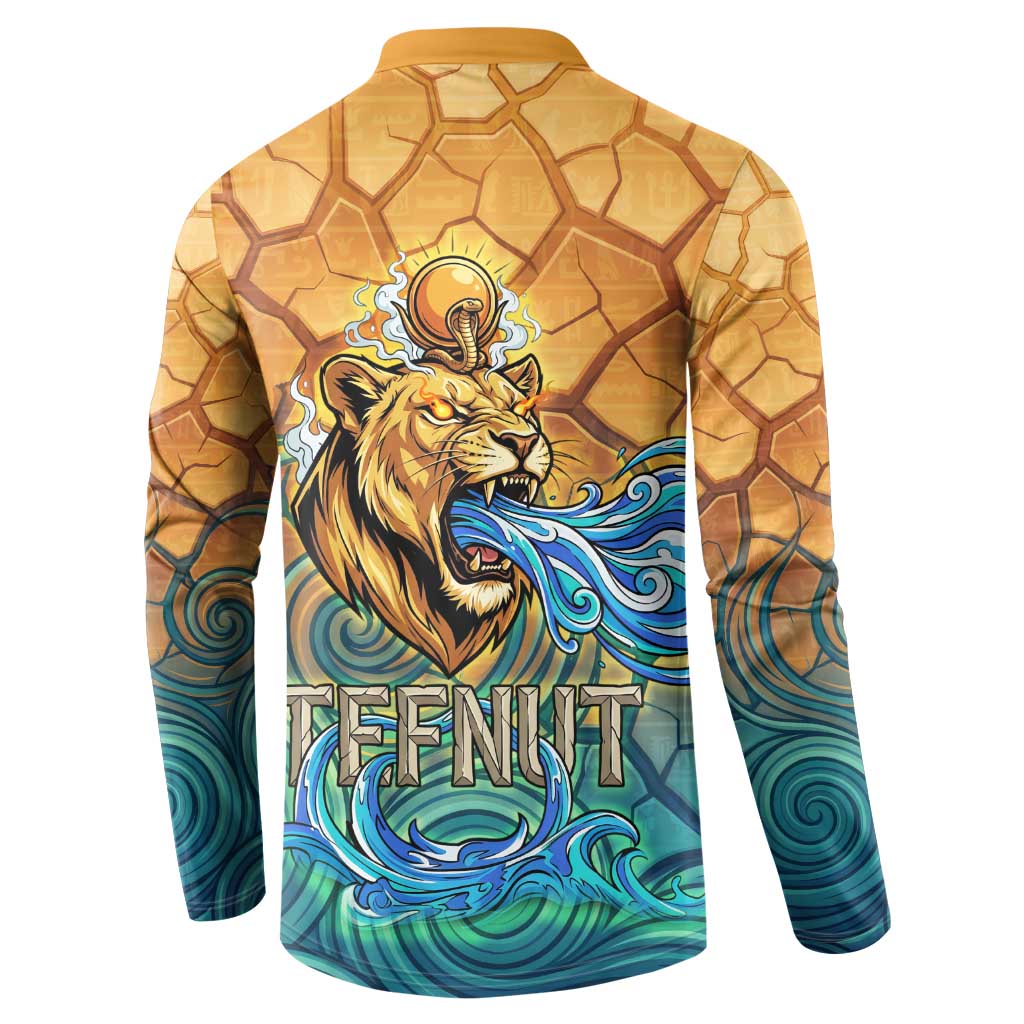 Egyptian Tefnut Fiery Eye Button Sweatshirt with Roaring Lion in Desert and Water Element