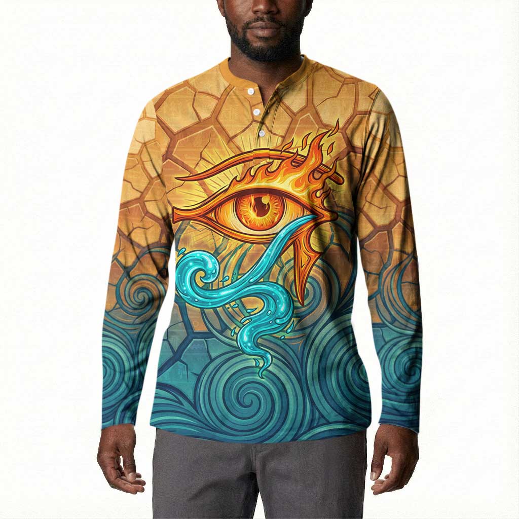 Egyptian Tefnut Fiery Eye Button Sweatshirt with Roaring Lion in Desert and Water Element