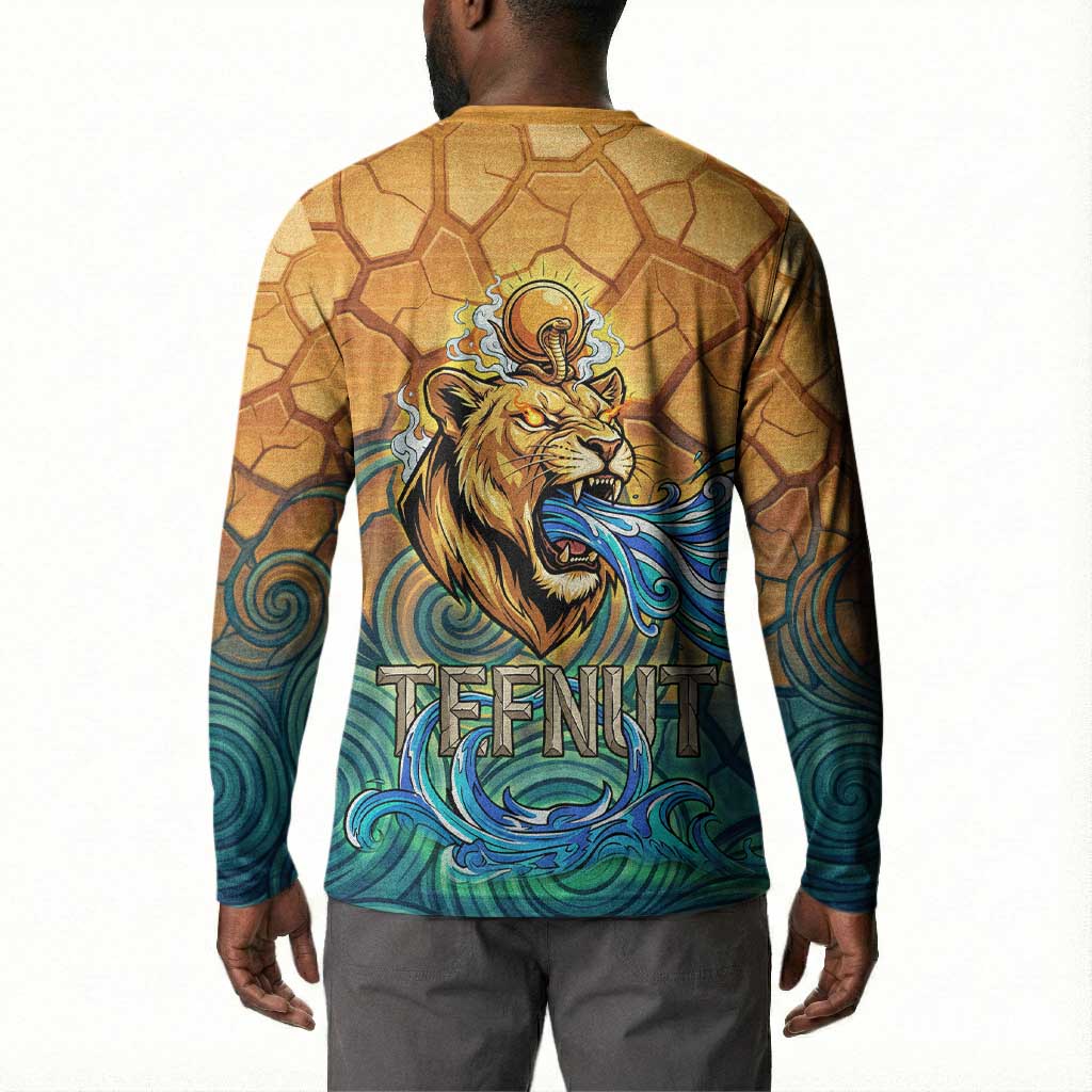 Egyptian Tefnut Fiery Eye Button Sweatshirt with Roaring Lion in Desert and Water Element