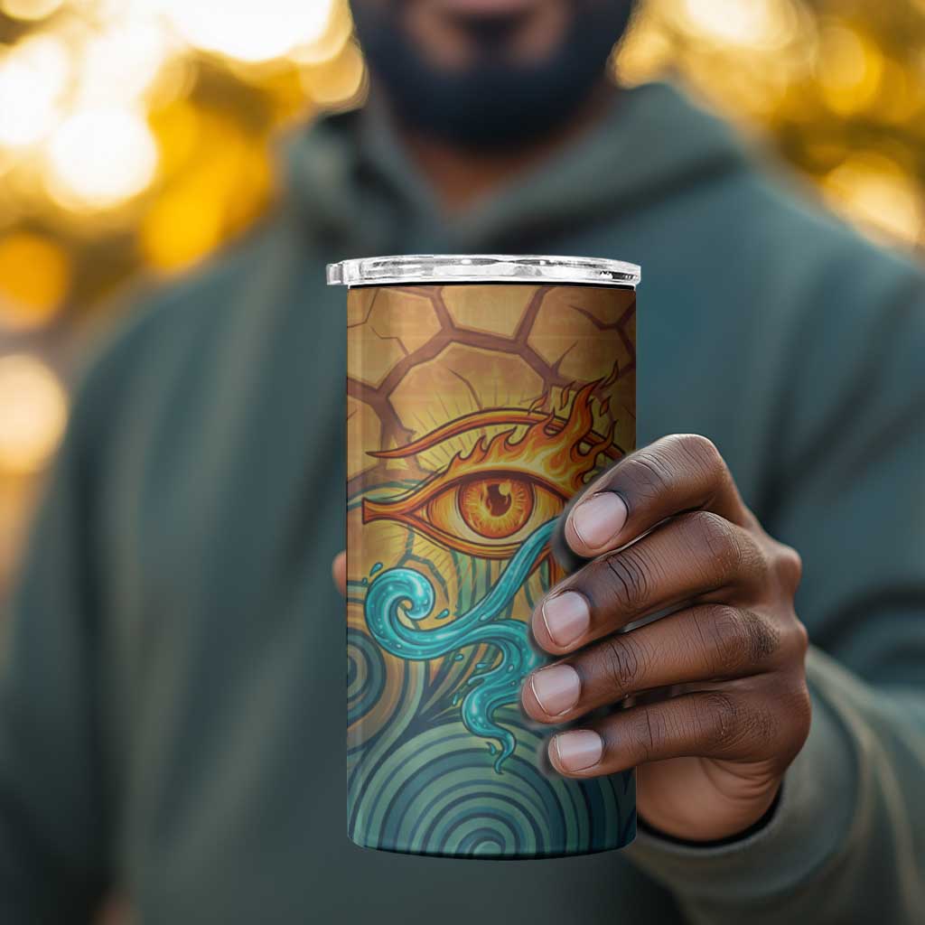 Egyptian Tefnut Fiery Eye 4 in 1 Can Cooler Tumbler with Roaring Lion in Desert and Water Element
