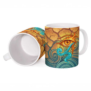 Egyptian Tefnut Fiery Eye Ceramic Mug with Roaring Lion in Desert and Water Element
