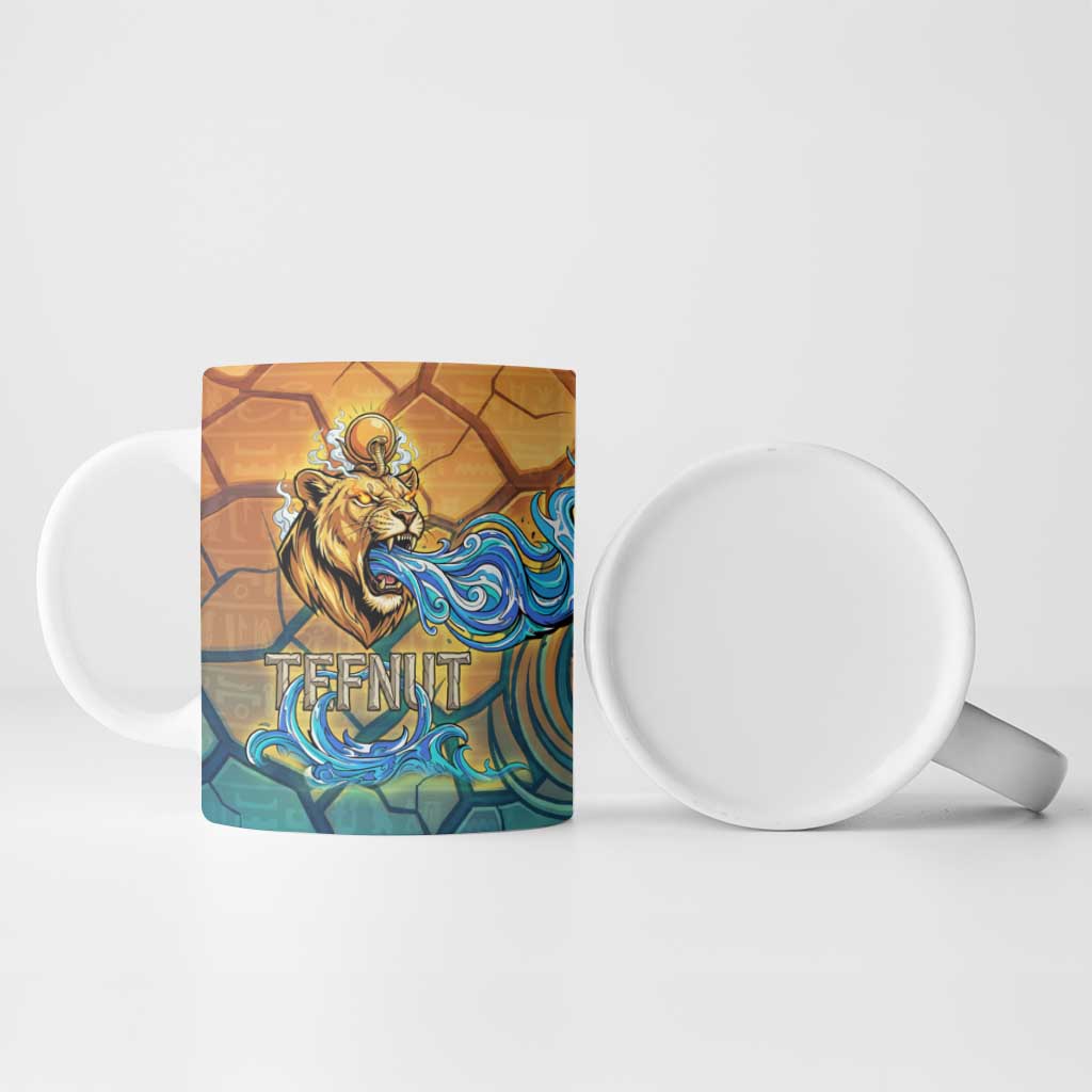 Egyptian Tefnut Fiery Eye Ceramic Mug with Roaring Lion in Desert and Water Element