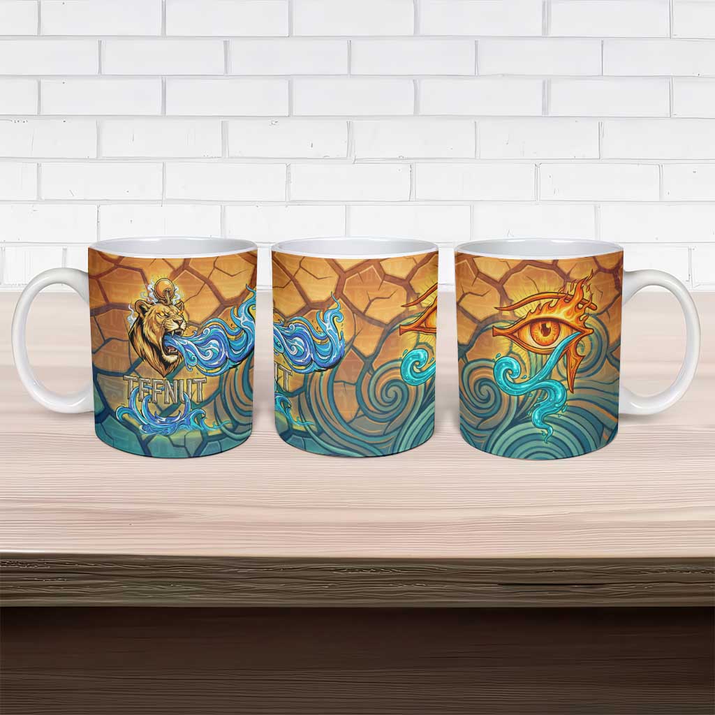 Egyptian Tefnut Fiery Eye Ceramic Mug with Roaring Lion in Desert and Water Element