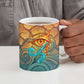 Egyptian Tefnut Fiery Eye Ceramic Mug with Roaring Lion in Desert and Water Element