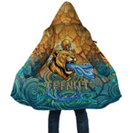 Egyptian Tefnut Fiery Eye Cloak with Roaring Lion in Desert and Water Element
