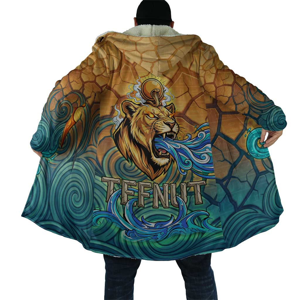 Egyptian Tefnut Fiery Eye Cloak with Roaring Lion in Desert and Water Element
