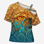 Egyptian Tefnut Fiery Eye Cross Shoulder Shirt with Roaring Lion in Desert and Water Element