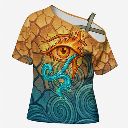 Egyptian Tefnut Fiery Eye Cross Shoulder Shirt with Roaring Lion in Desert and Water Element