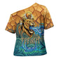 Egyptian Tefnut Fiery Eye Cross Shoulder Shirt with Roaring Lion in Desert and Water Element