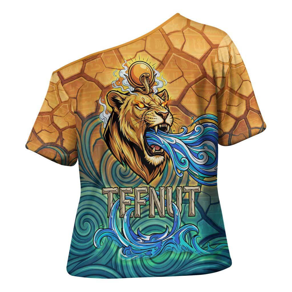 Egyptian Tefnut Fiery Eye Cross Shoulder Shirt with Roaring Lion in Desert and Water Element