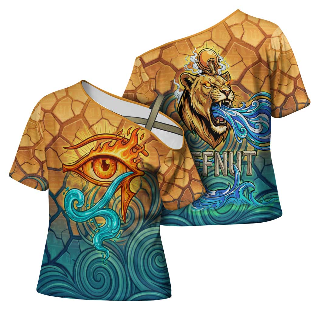 Egyptian Tefnut Fiery Eye Cross Shoulder Shirt with Roaring Lion in Desert and Water Element