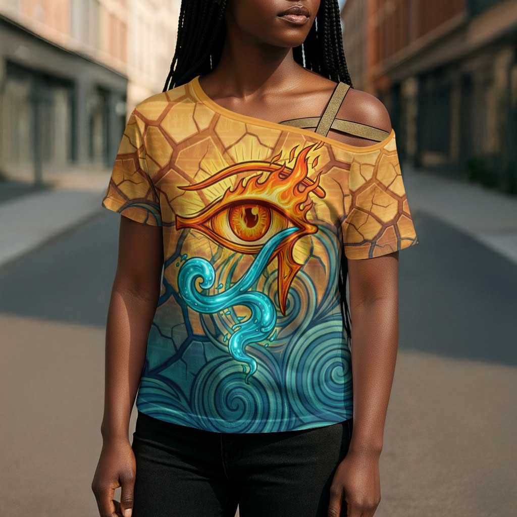 Egyptian Tefnut Fiery Eye Cross Shoulder Shirt with Roaring Lion in Desert and Water Element