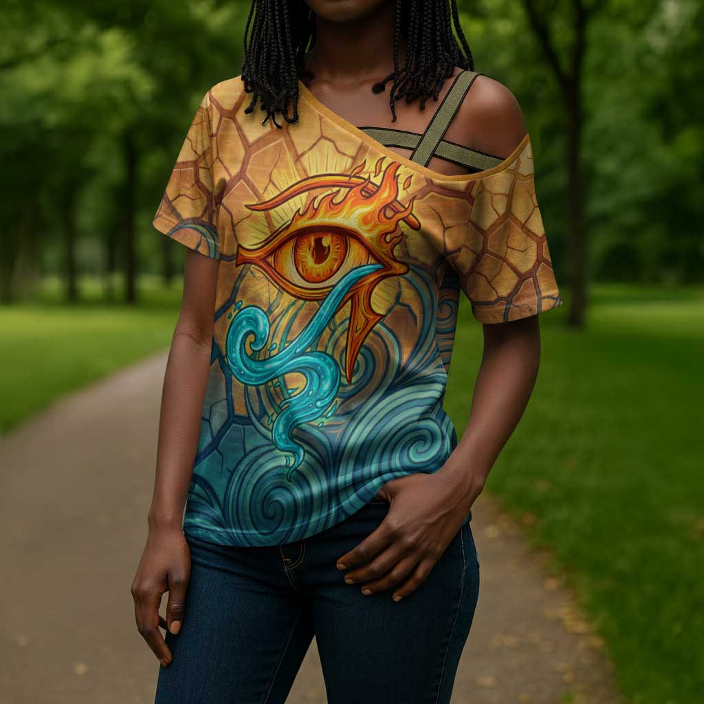 Egyptian Tefnut Fiery Eye Cross Shoulder Shirt with Roaring Lion in Desert and Water Element