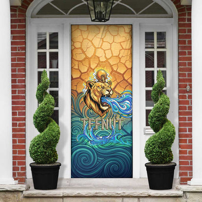 Egyptian Tefnut Fiery Eye Door Cover with Roaring Lion in Desert and Water Element