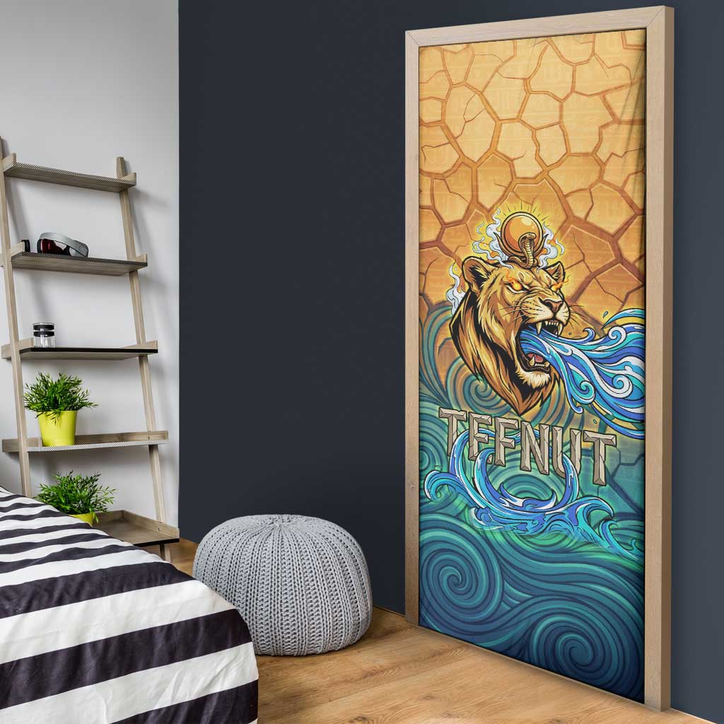 Egyptian Tefnut Fiery Eye Door Cover with Roaring Lion in Desert and Water Element