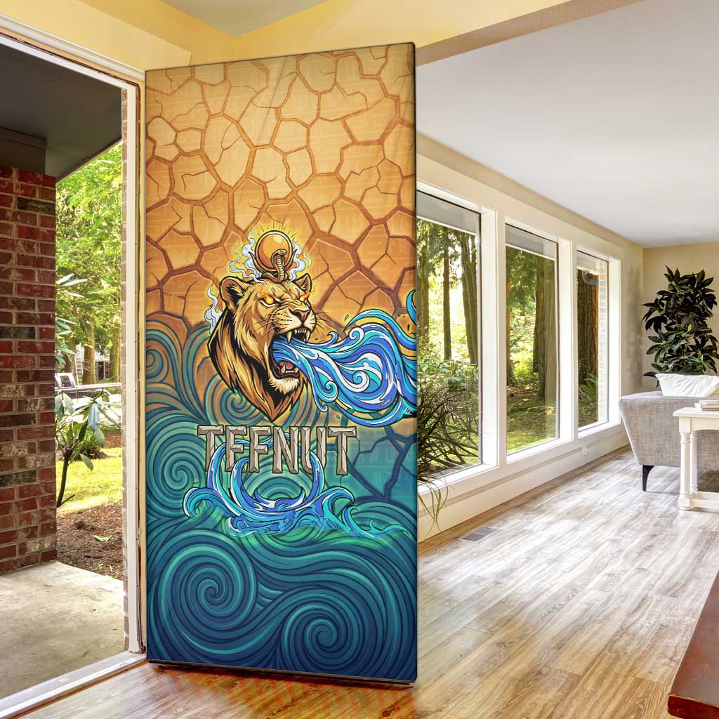 Egyptian Tefnut Fiery Eye Door Cover with Roaring Lion in Desert and Water Element
