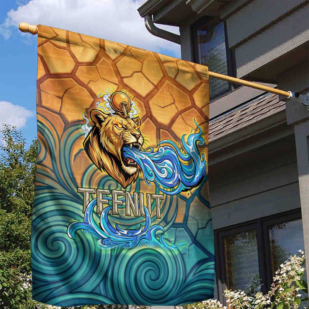 Egyptian Tefnut Fiery Eye Garden Flag with Roaring Lion in Desert and Water Element