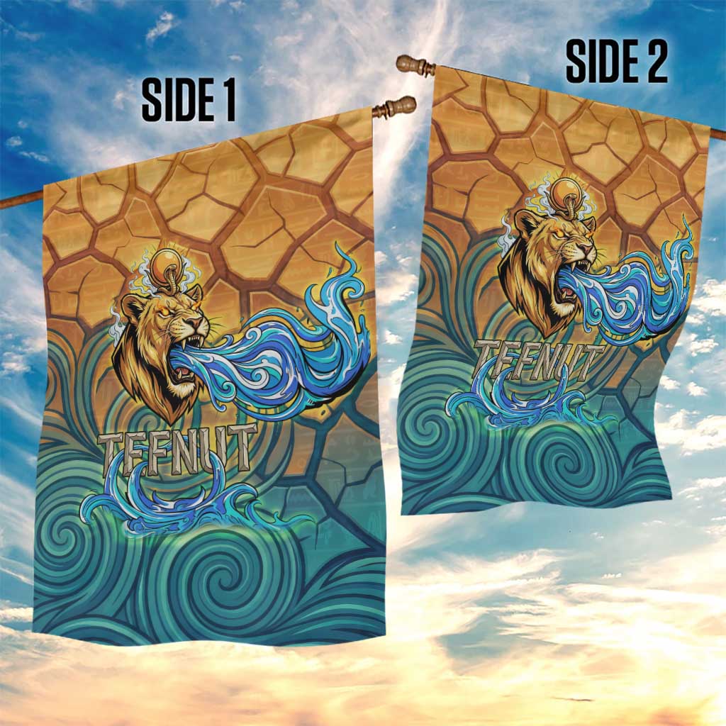 Egyptian Tefnut Fiery Eye Garden Flag with Roaring Lion in Desert and Water Element