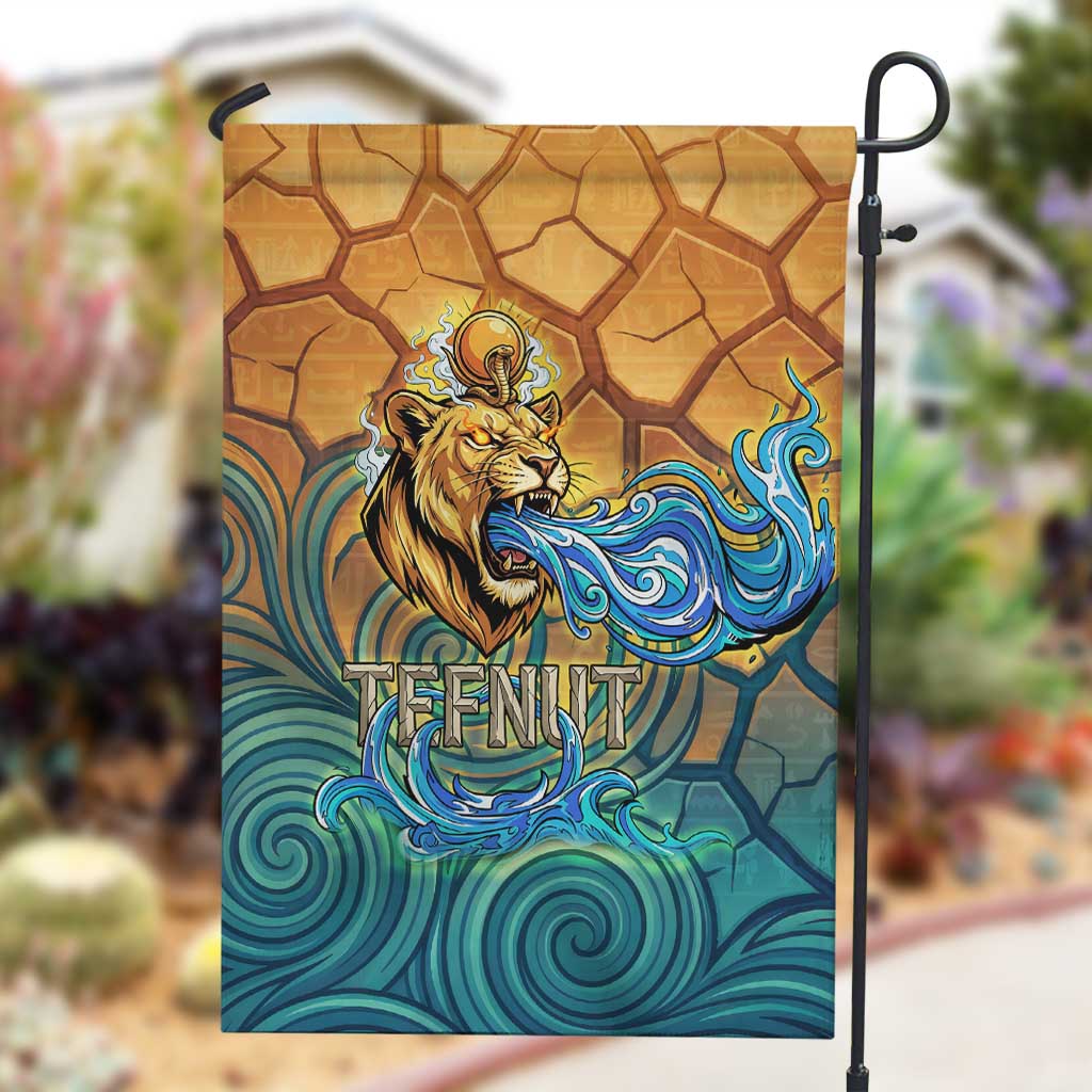 Egyptian Tefnut Fiery Eye Garden Flag with Roaring Lion in Desert and Water Element