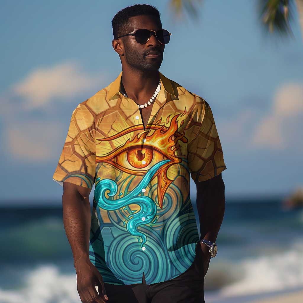Egyptian Tefnut Fiery Eye Hawaiian Shirt with Roaring Lion in Desert and Water Element