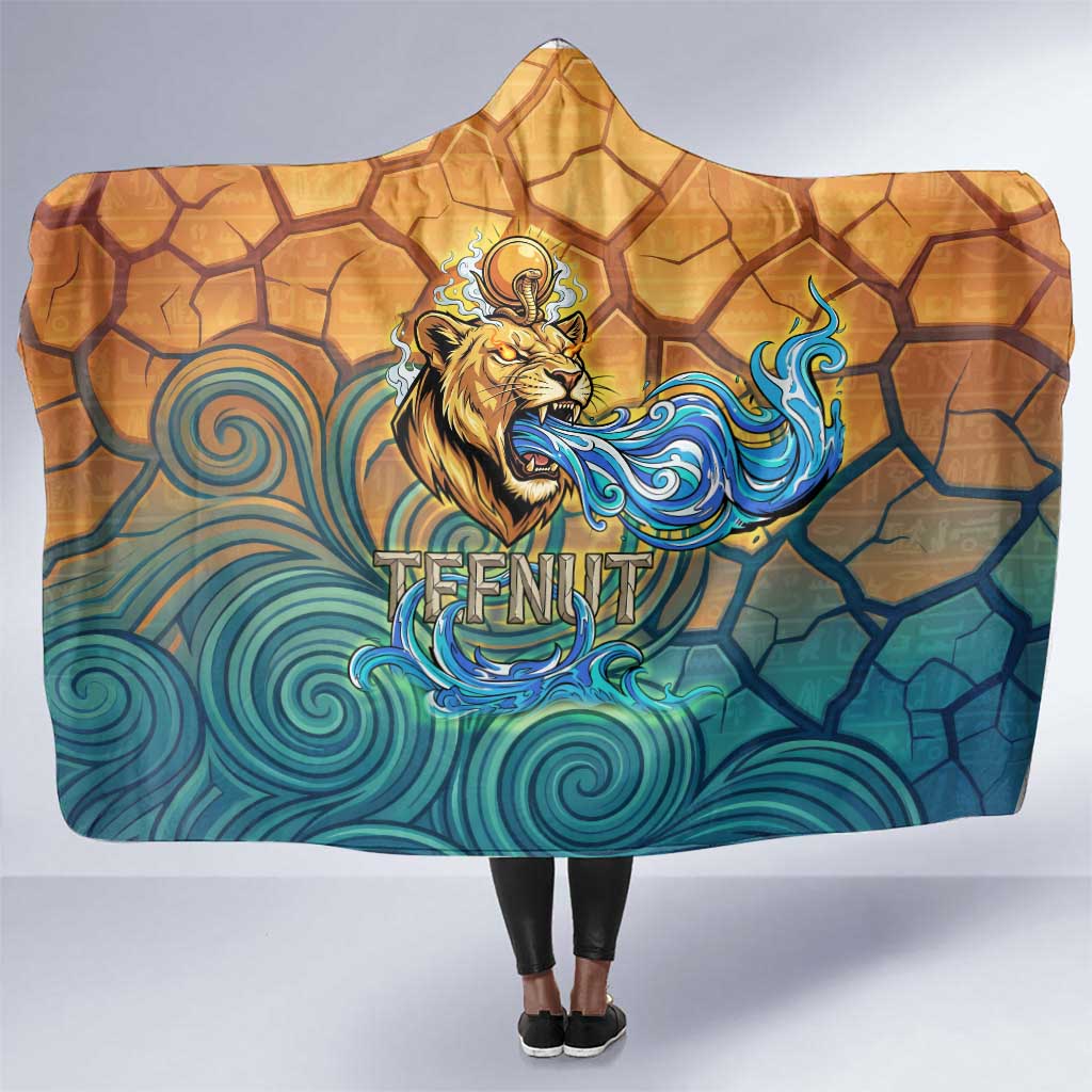 Egyptian Tefnut Fiery Eye Hooded Blanket with Roaring Lion in Desert and Water Element