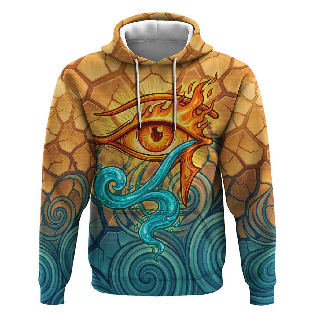Egyptian Tefnut Fiery Eye Hoodie with Roaring Lion in Desert and Water Element
