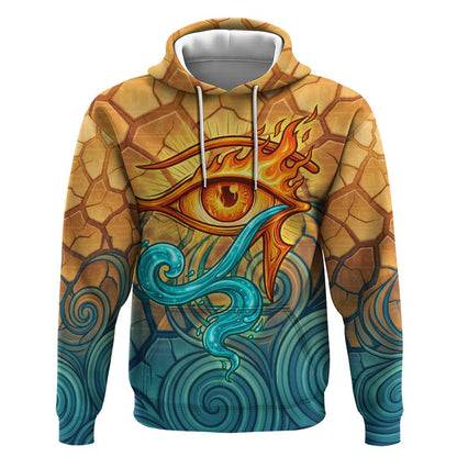 Egyptian Tefnut Fiery Eye Hoodie with Roaring Lion in Desert and Water Element