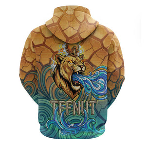 Egyptian Tefnut Fiery Eye Hoodie with Roaring Lion in Desert and Water Element