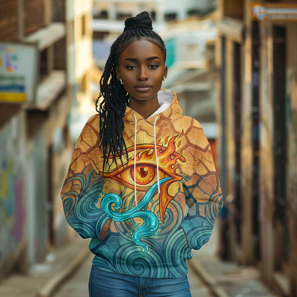 Egyptian Tefnut Fiery Eye Hoodie with Roaring Lion in Desert and Water Element